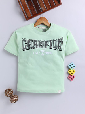 Happy Faces Boys Printed Pure Cotton Regular T Shirt(Green, Pack of 1)