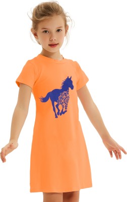 ONCH Girls Printed Pure Cotton Regular T Shirt(Orange, Pack of 1)