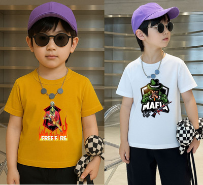 Lecowar Boys Printed Polyester Regular T Shirt(Yellow, White, Pack of 2)