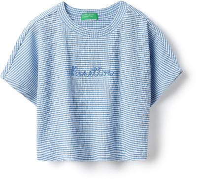 United Colors of Benetton Girls Striped Polyester Regular T Shirt(Blue, Pack of 1)