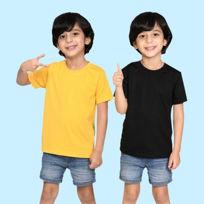 Nusyl Boys Solid Cotton Blend Regular T Shirt(Yellow, Pack of 2)