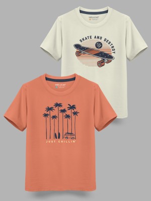 Hellcat Boys Printed Cotton Blend T Shirt(Orange, Pack of 2)