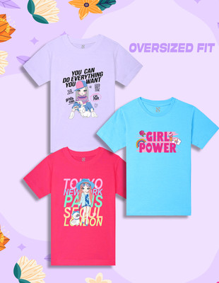 Nusyl Girls Printed Cotton Blend Regular T Shirt(Multicolor, Pack of 3)