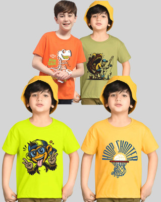 AOOSH Boys Printed Cotton Blend Regular T Shirt(Orange, Green, Pack of 4)
