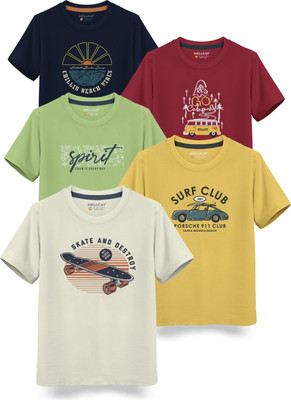Hellcat Boys Printed Cotton Blend Regular T Shirt(Maroon, Pack of 5)