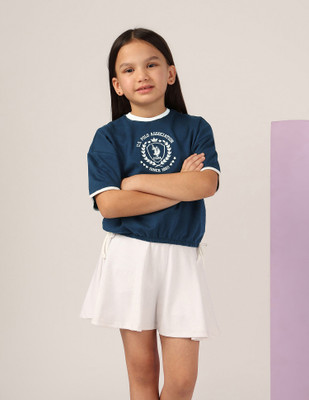 U.S. POLO ASSN. Girls Graphic Print Pure Cotton Regular T Shirt(Blue, Pack of 1)