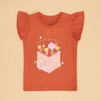 Pantaloons Baby Baby Girls Printed Cotton Blend Regular T Shirt(Orange, Pack of 1)