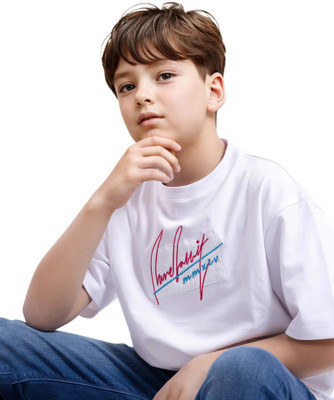 Rare Ones Boys Embroidered Cotton Blend Oversized T Shirt(White, Pack of 1)