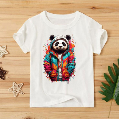 KPPRINT Boys Printed Cotton Blend Regular T Shirt(White, Pack of 1)