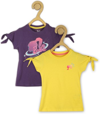 BARBIE Girls Graphic Print Pure Cotton T Shirt(Multicolor, Pack of 2)