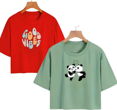 Everfab Girls Printed Cotton Blend Regular T Shirt(Green, Red, Pack of 2)