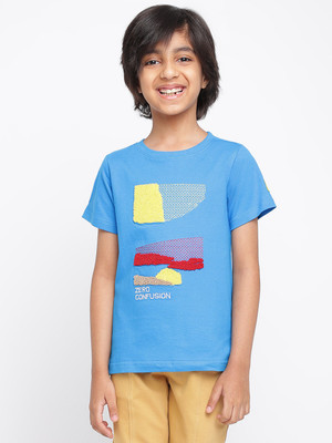 TALES & STORIES Boys Embroidered Pure Cotton Regular T Shirt(Blue, Pack of 1)
