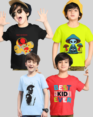 AOOSH Boys Printed Cotton Blend Regular T Shirt(Light Green, Black, Pack of 4)