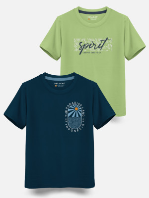 Hellcat Boys Printed Cotton Blend Regular T Shirt(Blue, Green, Pack of 2)
