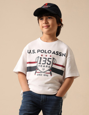 U.S. POLO ASSN. Boys Printed Pure Cotton Oversized T Shirt(White, Pack of 1)