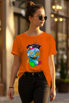 Dagcros Girls Graphic Print Cotton Blend Oversized T Shirt(Orange, Pack of 1)