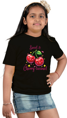 CHOMBOOKA Girls Printed Pure Cotton Regular T Shirt(Light Blue, Pack of 1)