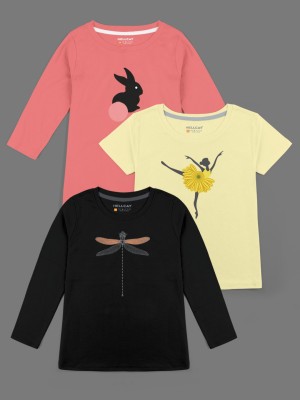 Hellcat Girls Printed Cotton Blend T Shirt(Yellow, Pack of 3)
