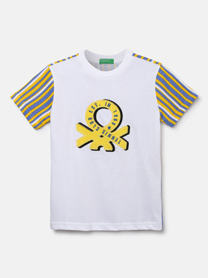 United Colors of Benetton Boys Printed Pure Cotton Regular T Shirt(White, Pack of 1)