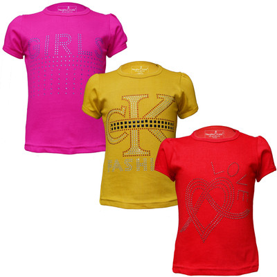 Eazy Trends Girls Printed Pure Cotton Regular T Shirt(Red, Pack of 3)