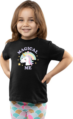 Printabulous Girls Printed Pure Cotton Regular T Shirt(Black, Pack of 1)