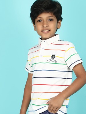 V-MART Boys Striped Pure Cotton Regular T Shirt(White, Pack of 1)