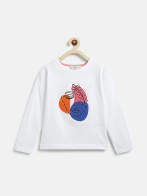 TALES & STORIES Girls Embroidered Pure Cotton Regular T Shirt(White, Pack of 1)