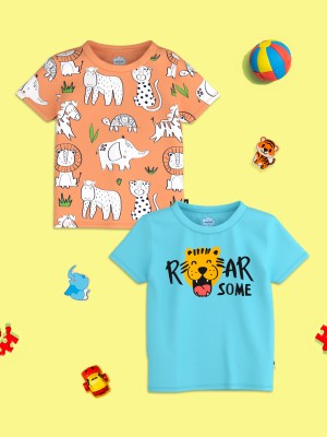NautiNati Boys Animal Print Pure Cotton T Shirt(Multicolor, Pack of 2)