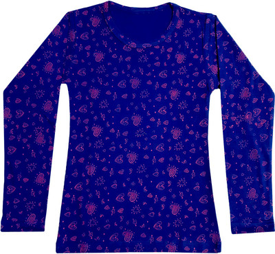 IndiWeaves Girls Printed Pure Cotton Regular T Shirt(Blue, Pack of 1)