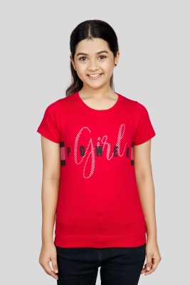 3PIN Girls Typography Pure Cotton T Shirt(Red, Pack of 1)