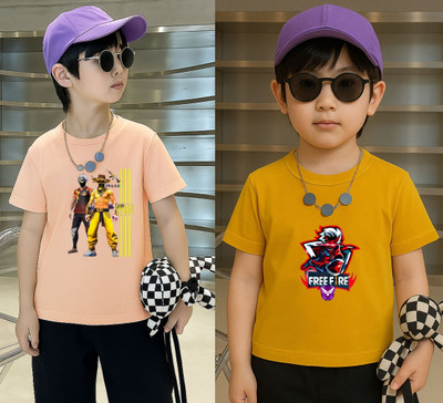 Lecowar Boys Printed Polyester Regular T Shirt(Pink, Yellow, Pack of 1)