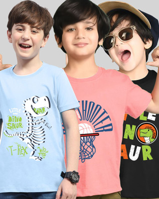 ENITOR Boys Printed Cotton Blend Regular T Shirt(Pink, Black, Pack of 3)