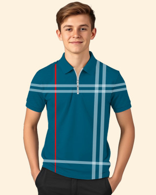 AUSK Boys Striped Cotton Blend Regular T Shirt(Dark Blue, Light Blue, Pack of 1)