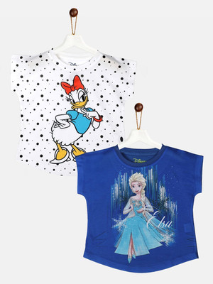 WYM TREND Girls Graphic Print Pure Cotton Regular T Shirt(Blue, Pack of 2)
