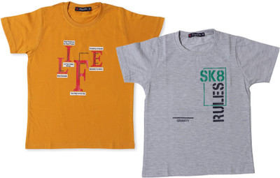 NeuVin Boys & Girls Printed Cotton Blend Regular T Shirt(Orange, Grey, Pack of 2)