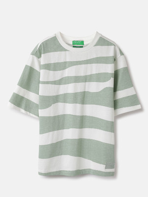 United Colors of Benetton Boys Striped Pure Cotton Regular T Shirt(Green, White, Pack of 1)