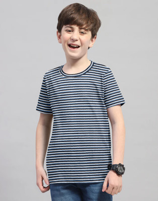 PROVOGUE Boys Striped Polycotton Regular T Shirt(Blue, Pack of 1)