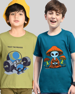 AUSK Boys Printed Cotton Blend Regular T Shirt(Green, Dark Blue, Pack of 2)