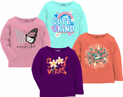 Litway Girls Printed Pure Cotton Regular T Shirt(Multicolor, Pack of 4)