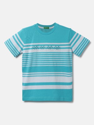 United Colors of Benetton Boys Embroidered, Striped Pure Cotton T Shirt(Blue, Pack of 1)