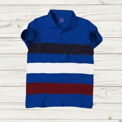 TB Blue Boys Striped Cotton Blend T Shirt(Blue, Pack of 1)