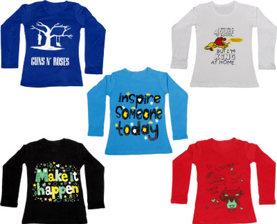 Indistar Girls Printed Cotton Blend Regular T Shirt(Multicolor, Pack of 5)