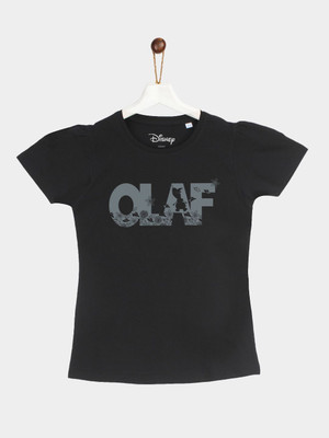 YK Disney Girls Typography Cotton Blend Regular T Shirt(Black, Pack of 1)