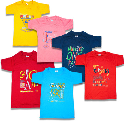 FRANSCART Boys & Girls Printed Cotton Blend Regular T Shirt(Multicolor, Pack of 6)