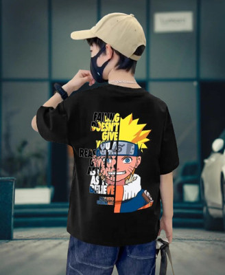 BuckleMen Boys Printed Pure Cotton Oversized T Shirt(Black, Pack of 1)