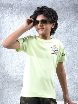 CRIMSOUNE CLUB Boys Typography Cotton Blend Regular T Shirt(Green, Pack of 1)