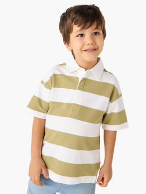 JUNIORS by Babyshop Boys Striped Pure Cotton Regular T Shirt(White, Beige, Pack of 1)