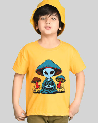 Kiddy Viddy Boys Printed Cotton Blend Regular T Shirt(Yellow, Pack of 1)