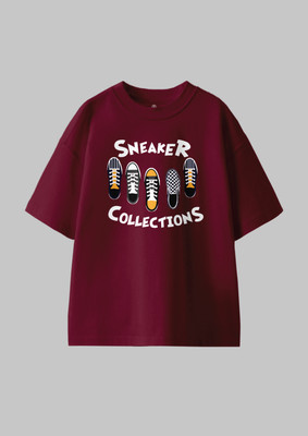 Codez Boys Printed Pure Cotton Oversized T Shirt(Maroon, Pack of 1)