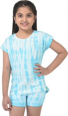 Cub McPaws Girls Tie & Dye Pure Cotton T Shirt(Blue, Pack of 1)